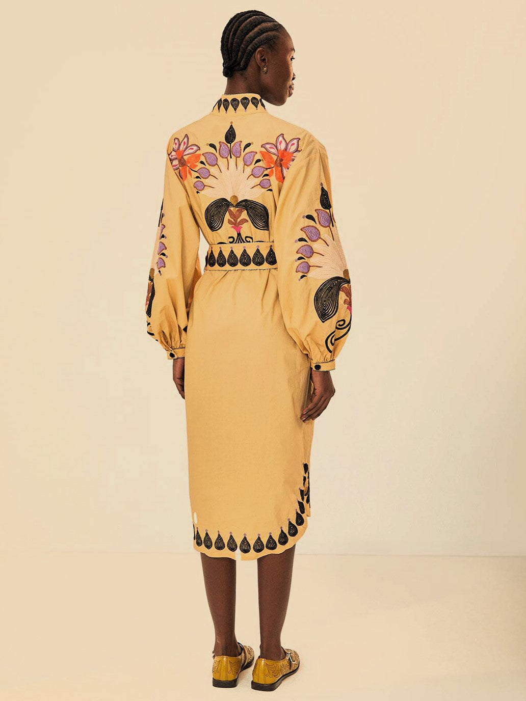 Khaki Flower Bird Embroidered Midi Dress