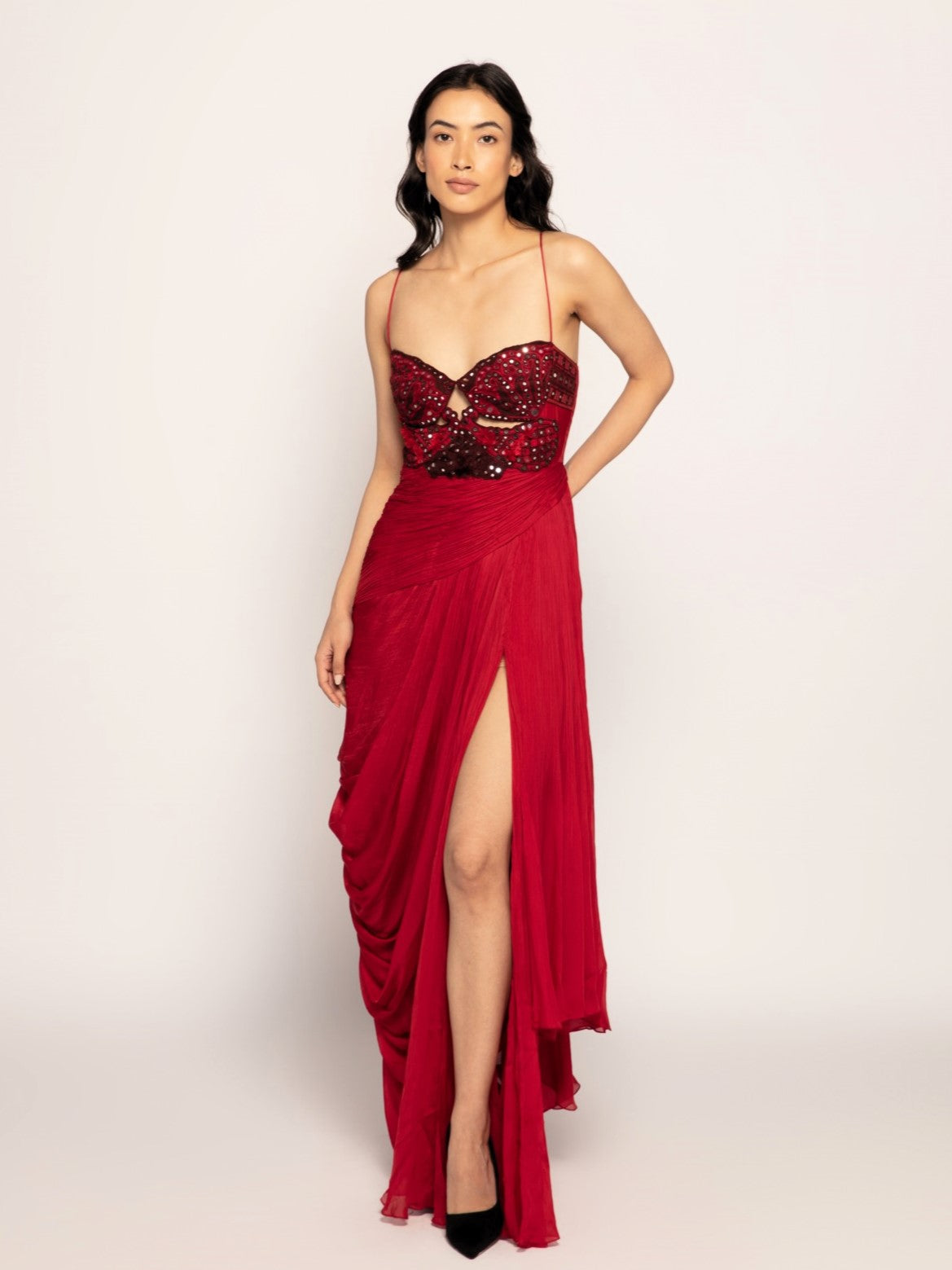 Crimson Asymmetric Draped Gown