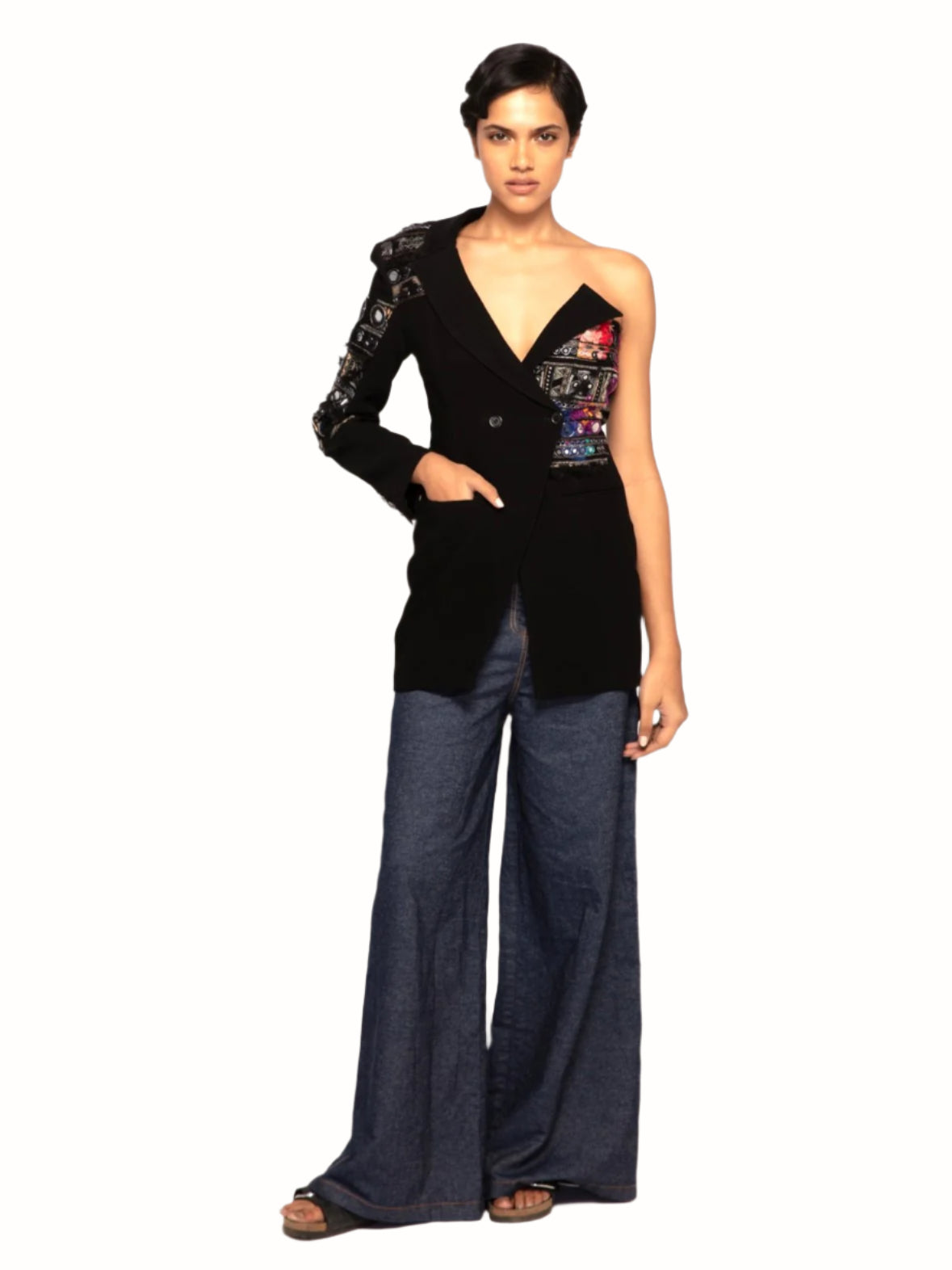 One-Shoulder Hand-Embroidered Blazer with Mirror